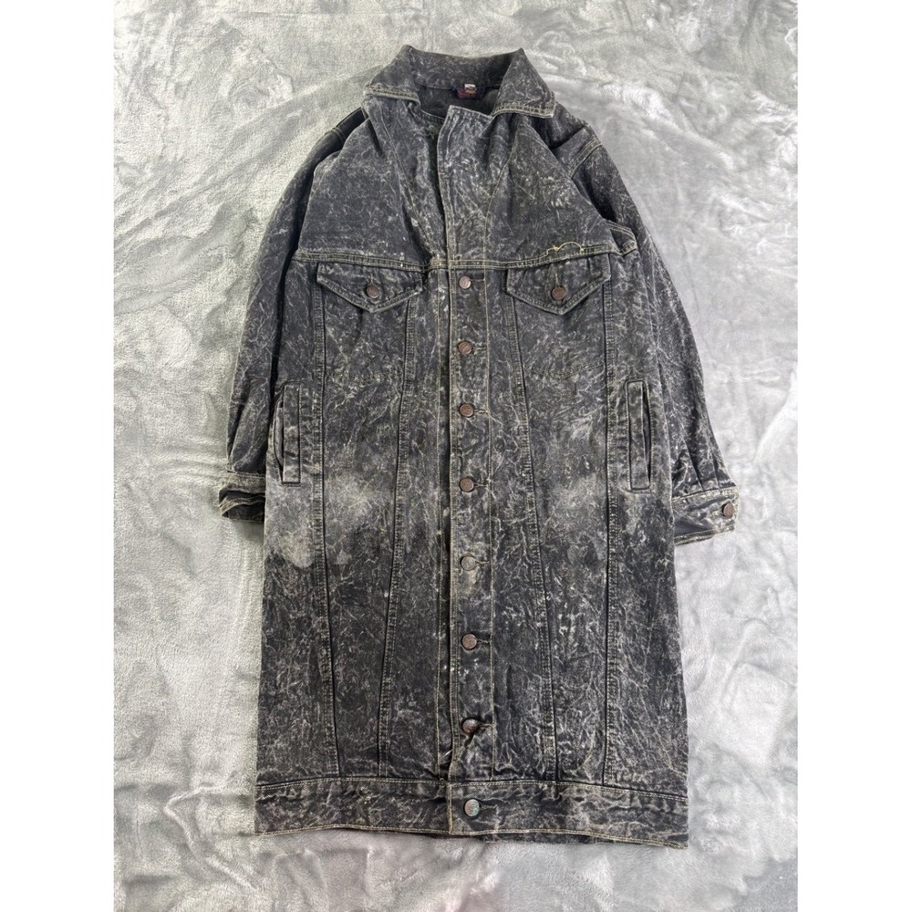 Vintage Chemin de Fer Acid Wash Black Denim Duster Coat Jacket Women Size S 80s